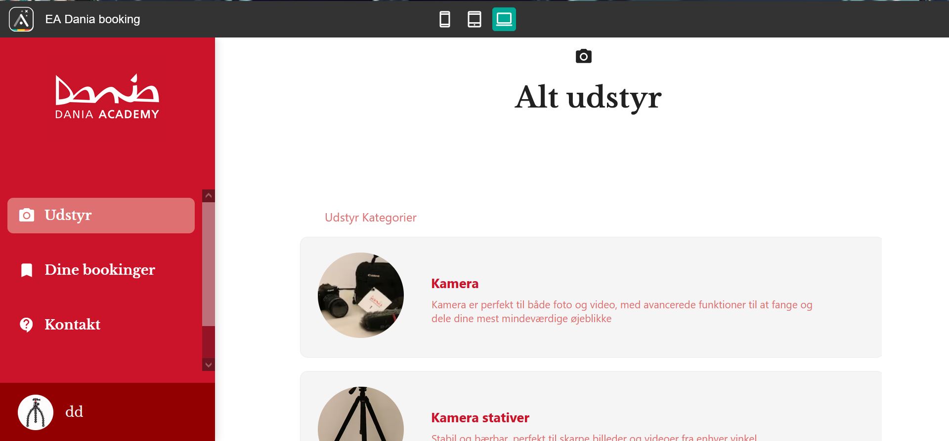 Billede af web-versionen af vores projekt